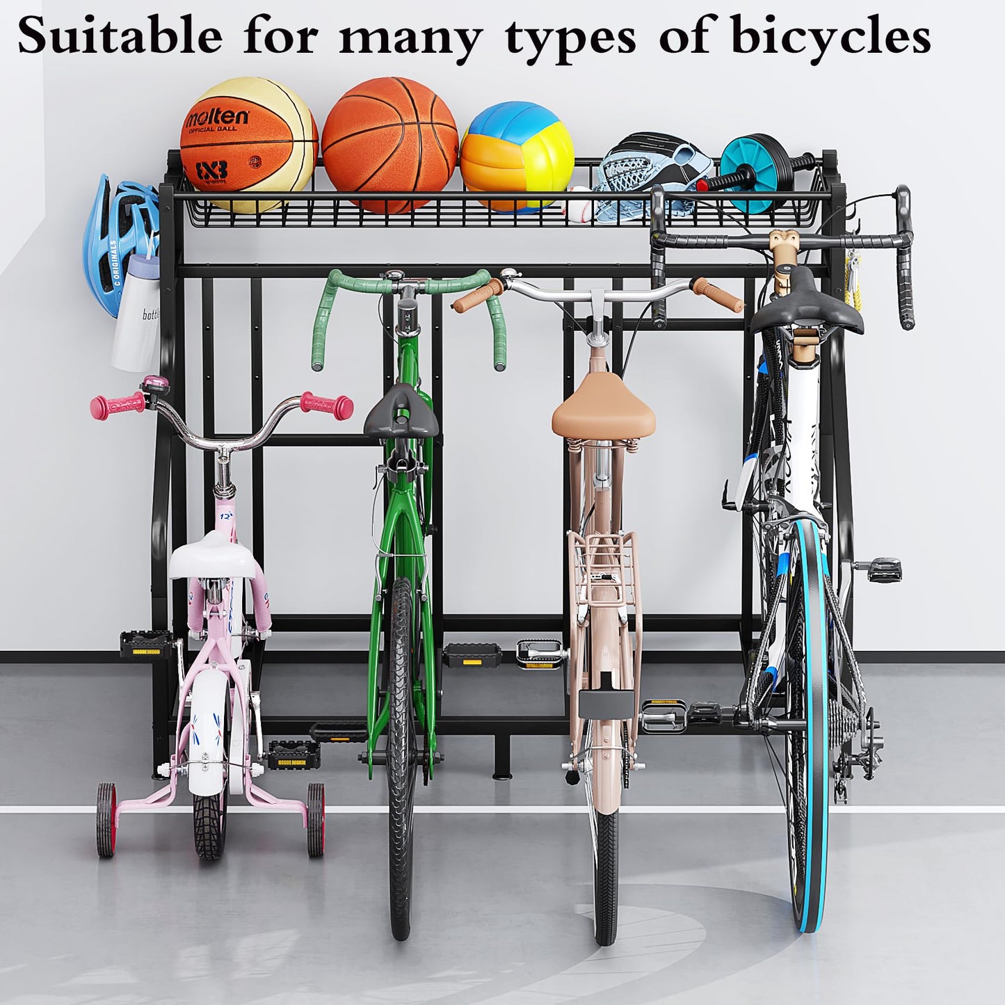 YIZAIJIA Bike Rack Storage Stand Organizer Floor Holds 4 Bicycle Parking Freestanding Adjustable Garage Indoor Outdoor Bike and Sports Storage Station, Black (4 Bike Stand)