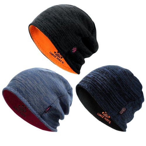 3 Pack Reversible Winter Fleece Lined Beanie Hats for Men Women Warm Windproof Cotton Stretchy Knitted Skull Caps