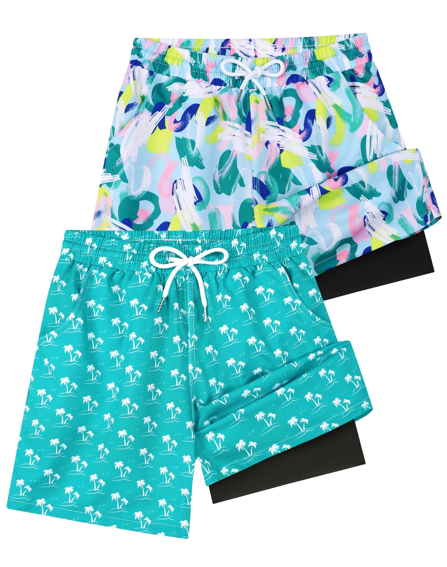 NebuKinex 2 Pack Boys Swim Trunks with Compression Liner Kids Youth Swim Shorts Quick Dry Bathing Suit Swimwear Beach Shorts 14-16