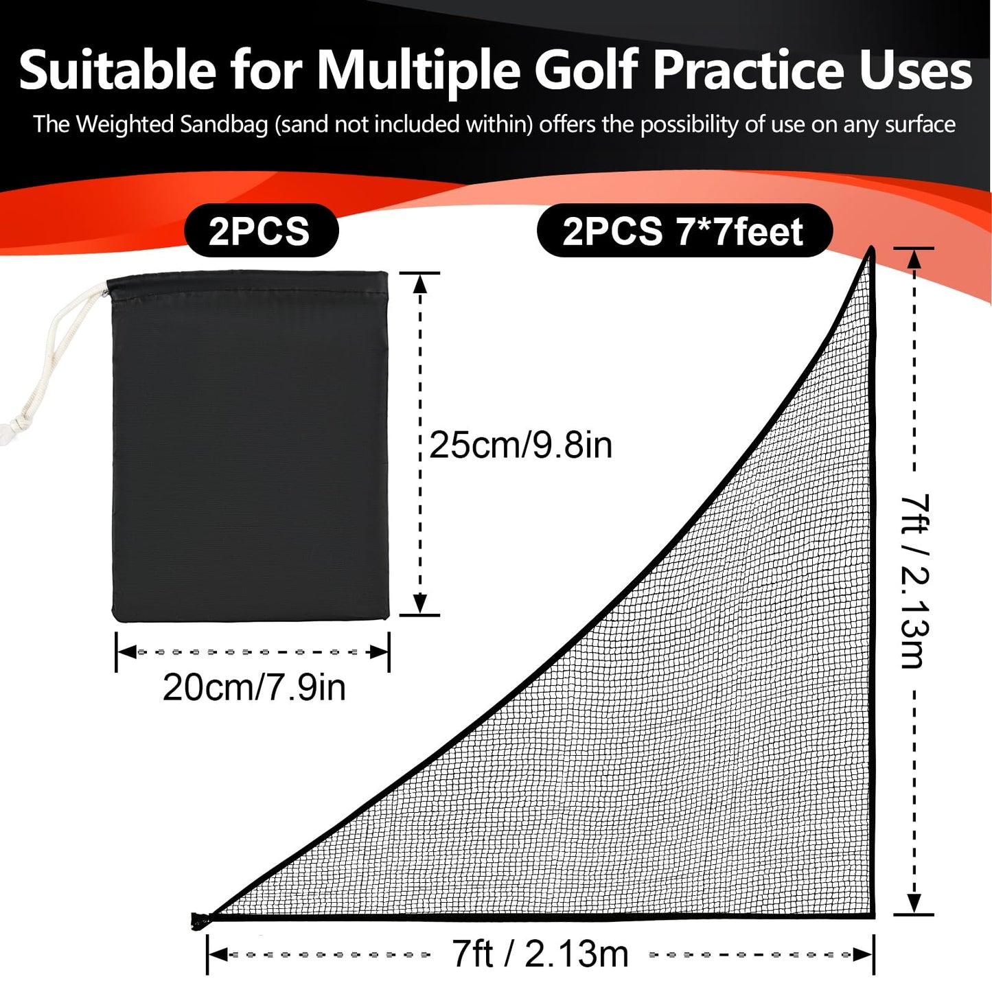 Golf Net Attachment for Golf Hitting Nets, 7 * 7FT Heavy Duty Side Net,Practice Hitting Barrier for, Baseball, Hockey with Sandbag(Black-2Pack)