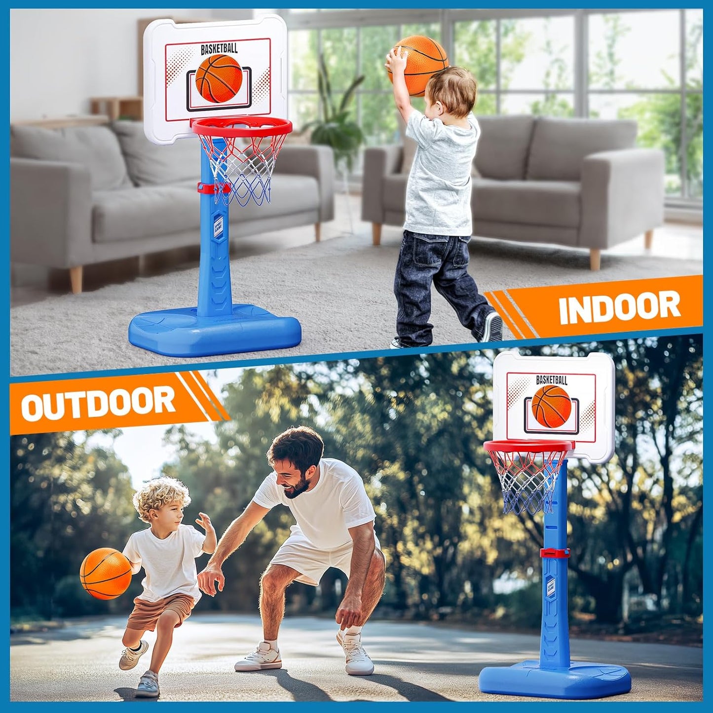 Skiennix 3 in 1 Kids Basketball Hoop & T-Ball Set - Adjustable Height Sports Toys for Ages 3-5 | Blue
