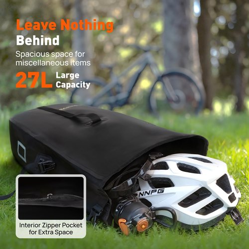 LUXECYCLES Bike Pannier Bag 27L Waterproof Bicycle Rear Rack Bag, Large Capacity Expandable Cargo Rack Bag with Reflective Strips, Adjustable Buckles for Cycling Traveling Commuting