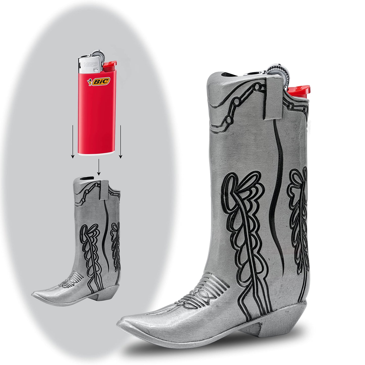 Cowboy Boot Lighter Case Silver Metal by HMC - for Mini Bic J5 - Stylish Design Lighter Sleeve Cover, Ideal for Home Or Everyday Carry