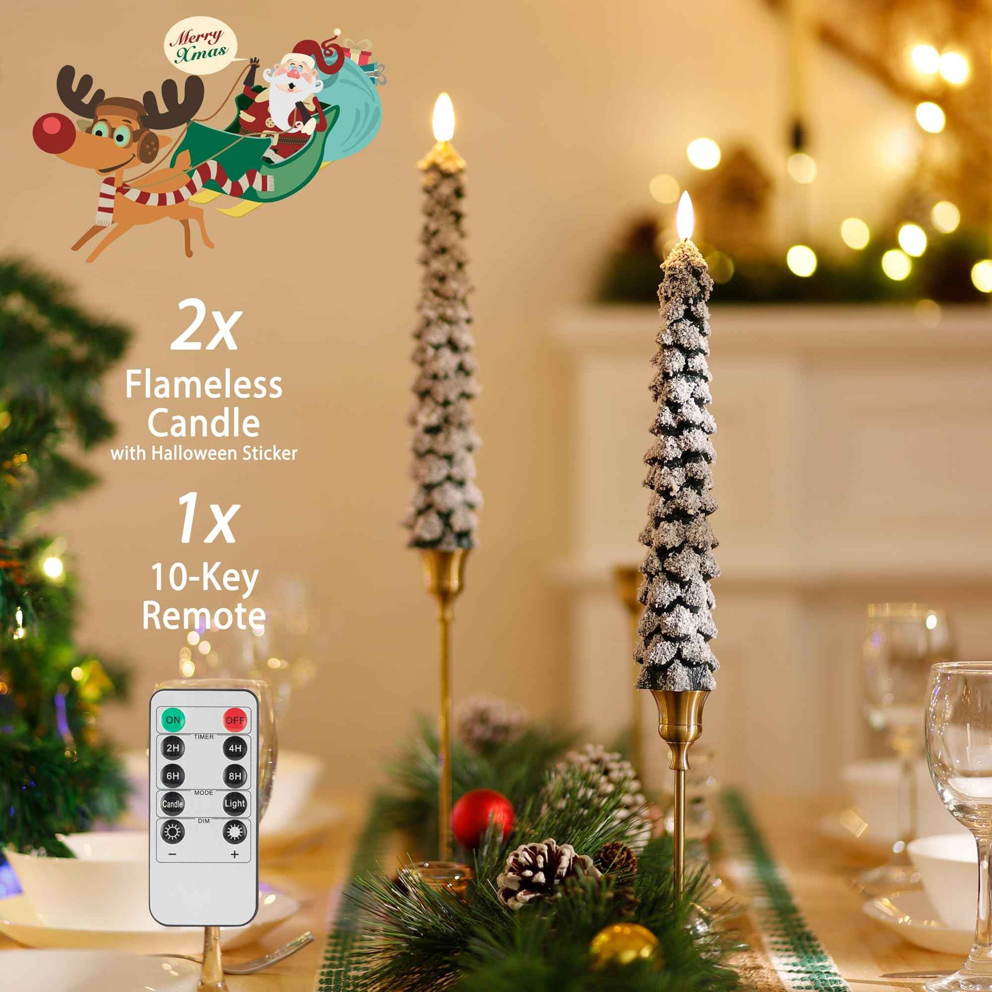 AFINETH Christmas Tree Candles With 3D Wick, 11.4" Green Real Wax Flameless Taper With Remote, Flickering LED Xmas Candlesticks Battery Operated for Home, Party Decor, 2 Pack