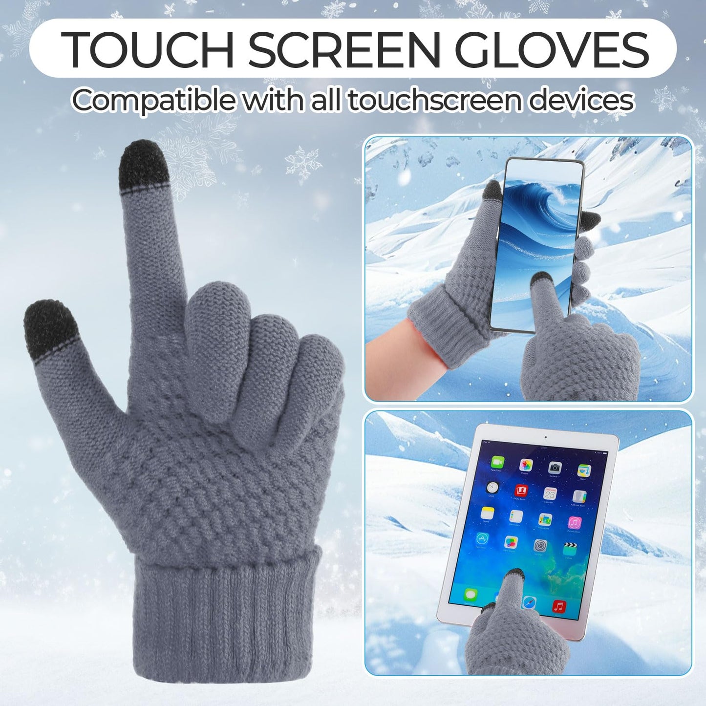 Hicarer 3 Sets Women Winter Warm Set Satin Lined Beanie Hat with Two Pom Poms Touchscreen Gloves for Cold Weather (Black, Gray, Oatmeal)