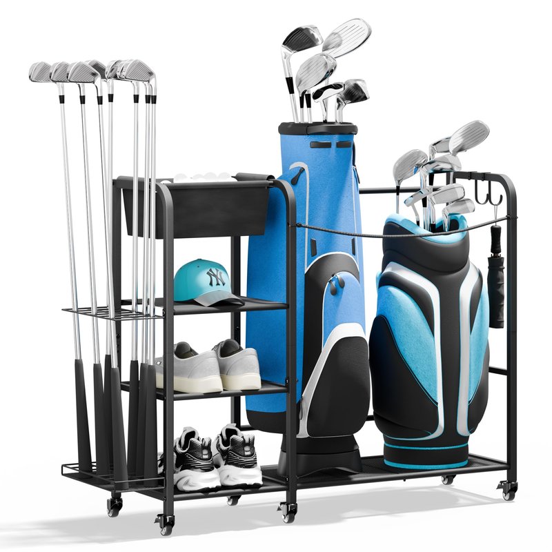 niffgaff Golf Bag Organizer Golfing Storage Stand for Garage Fits for 2 Golf Bags Golfing Rack with Wheels Black