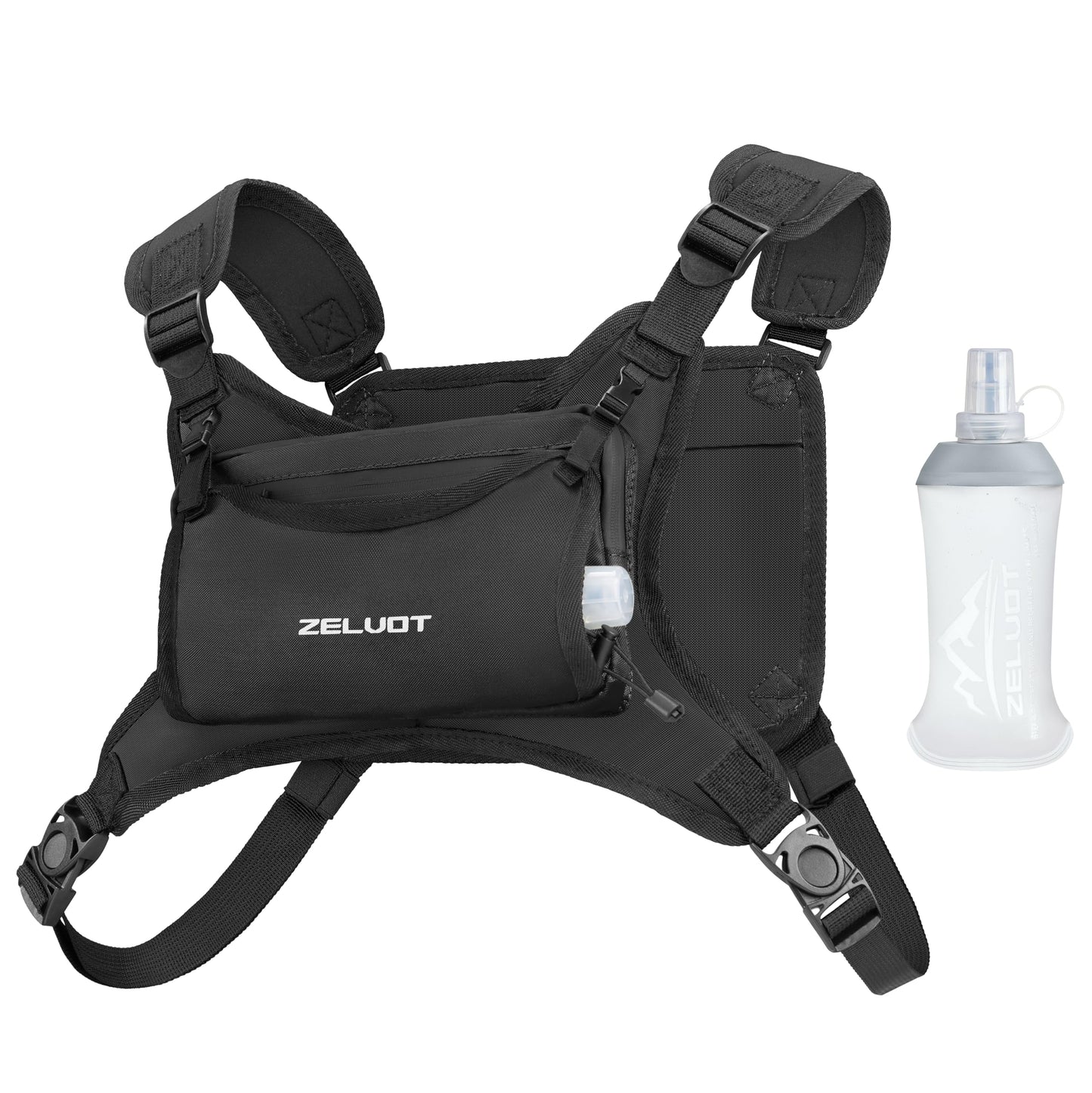 Zelvot Running Vest with 350ml Soft Flask, Lightweight Adjustable Chest Pack with 4 Pockets, Reflective Chest Bag for Women Men for Trail Running, Hiking, Cycling, Marathon (Black, M/L)