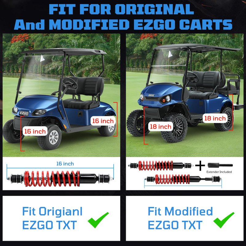 Golf Cart Shocks Front or Rear Heavy Duty Coil Springs For EZGO TXT 1994+ / Medalist G&E Model, Replace OEM#70928-G01 76418-G01 Included Extender for Lifted Golf Cart Red