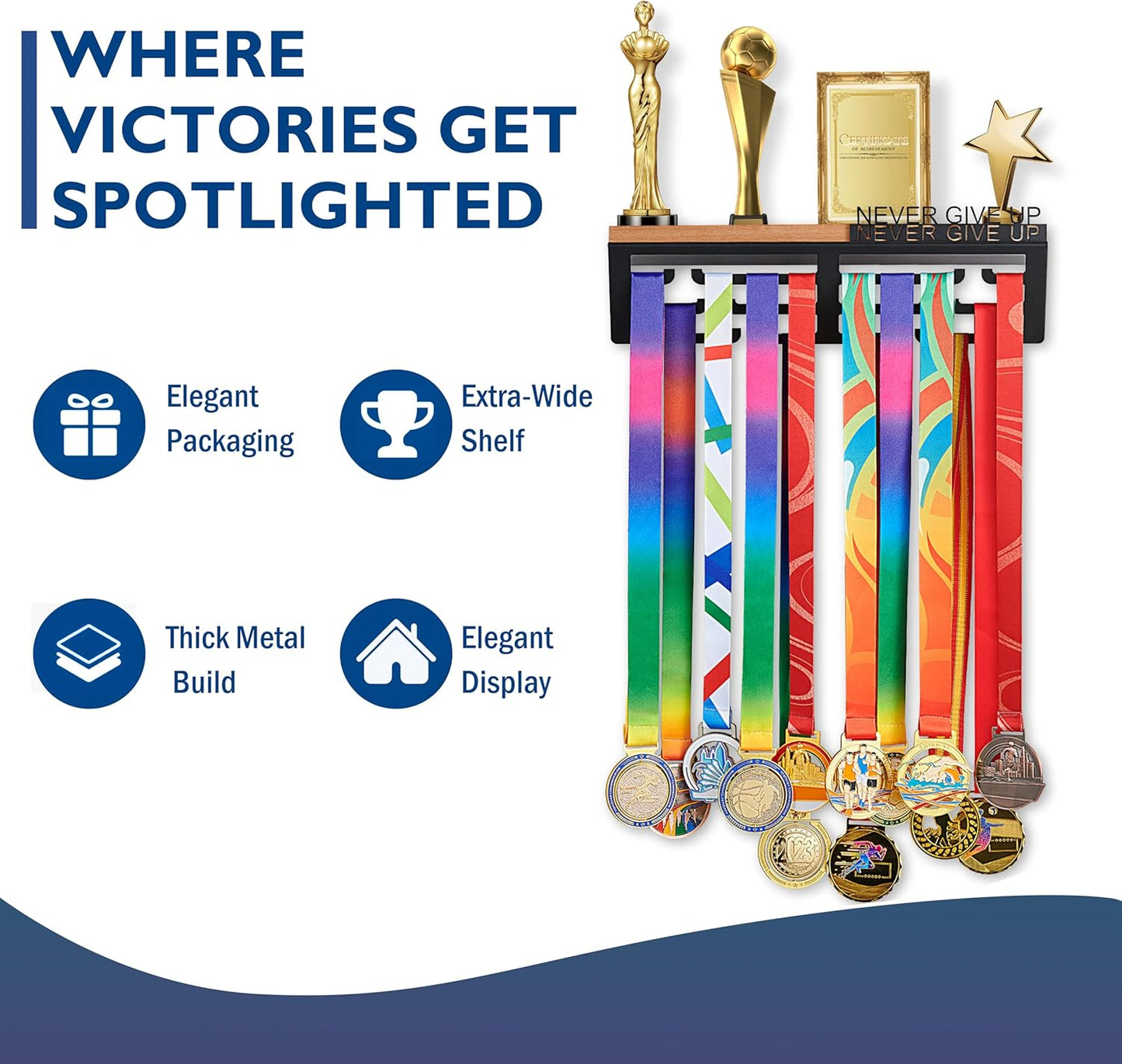 Medal Hanger Display & Trophy Shelf Combo - Unique 5.3" Deep Design for Large Trophies | Never Give Up Soccer Wall Decor
