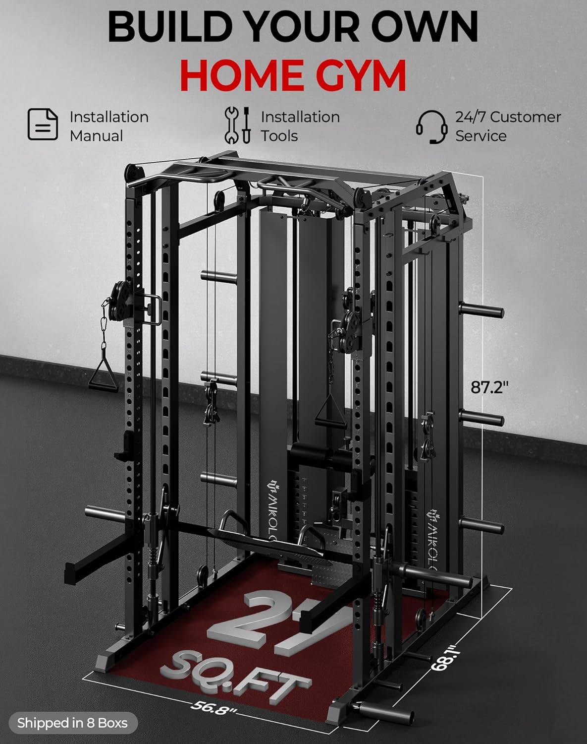 Mikolo Smith Machine - Multi-Functional Home Gym System with Weight Stack & LAT Pulldown | 10+ Free Attachments