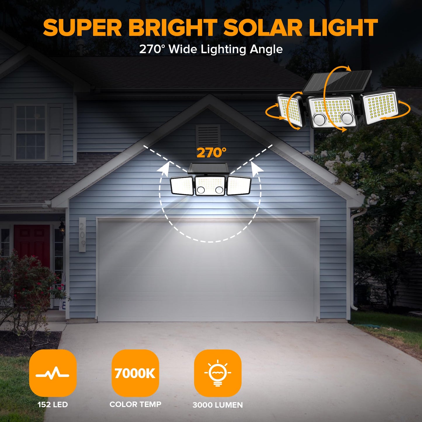 UME Solar Outdoor Lights 3000 Lumen 7000K, 152 LED Super Bright Motion Sensor Outdoor Lights with 2 Sensors, IP65 Waterproof 270 Wide Angle Solar Flood Lights with 3 Modes for Garden - 6 Pack