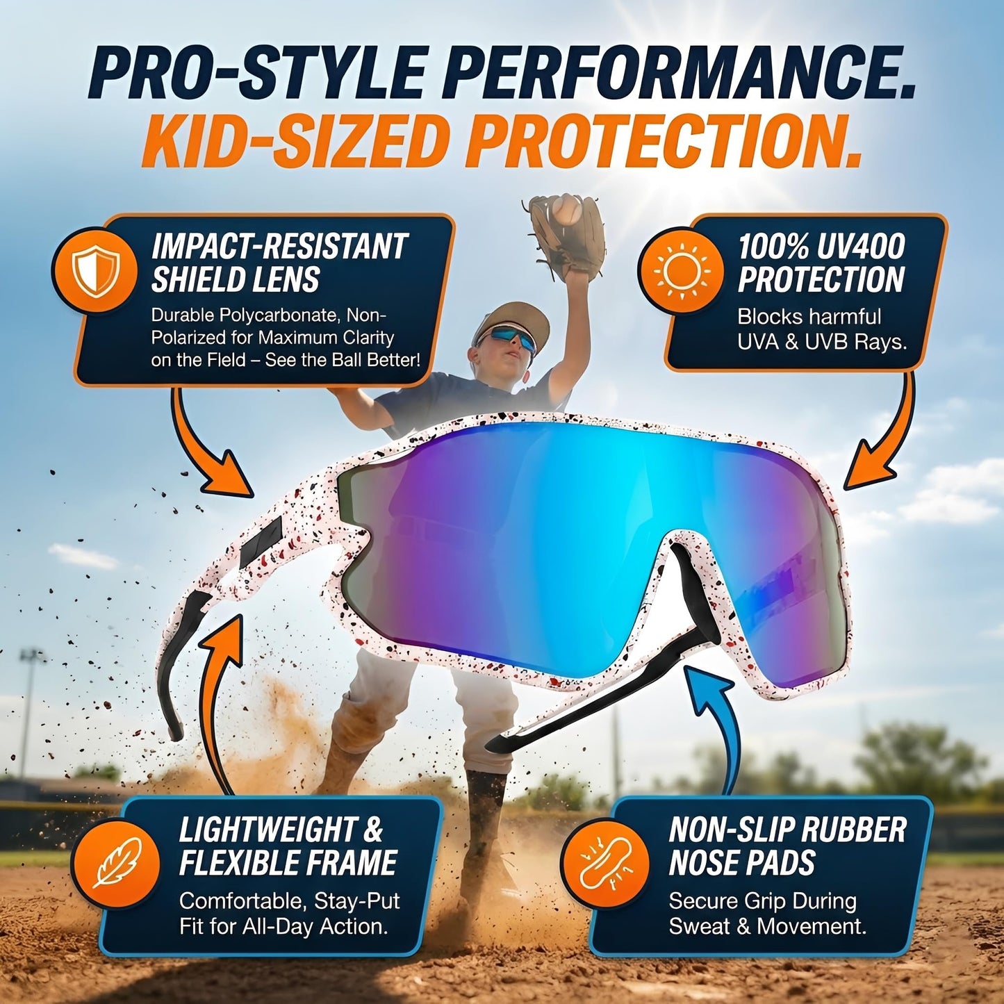 GLARDEFE Kids Baseball Sunglasses - Youth Baseball Sunglasses for Boys Girls - Sports Softball Shades Age 6-14(White/Blue Mirror + Red/Orange Mirror)