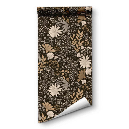 Vintage Contact Paper Boho Wallpaper Leaf Peel and Stick Brown&Black White Floral Wallpaper 17.7in x 118.1in Waterproof Self Adhesive Botanical Wall Paper for Bedroom Cabinet Decor