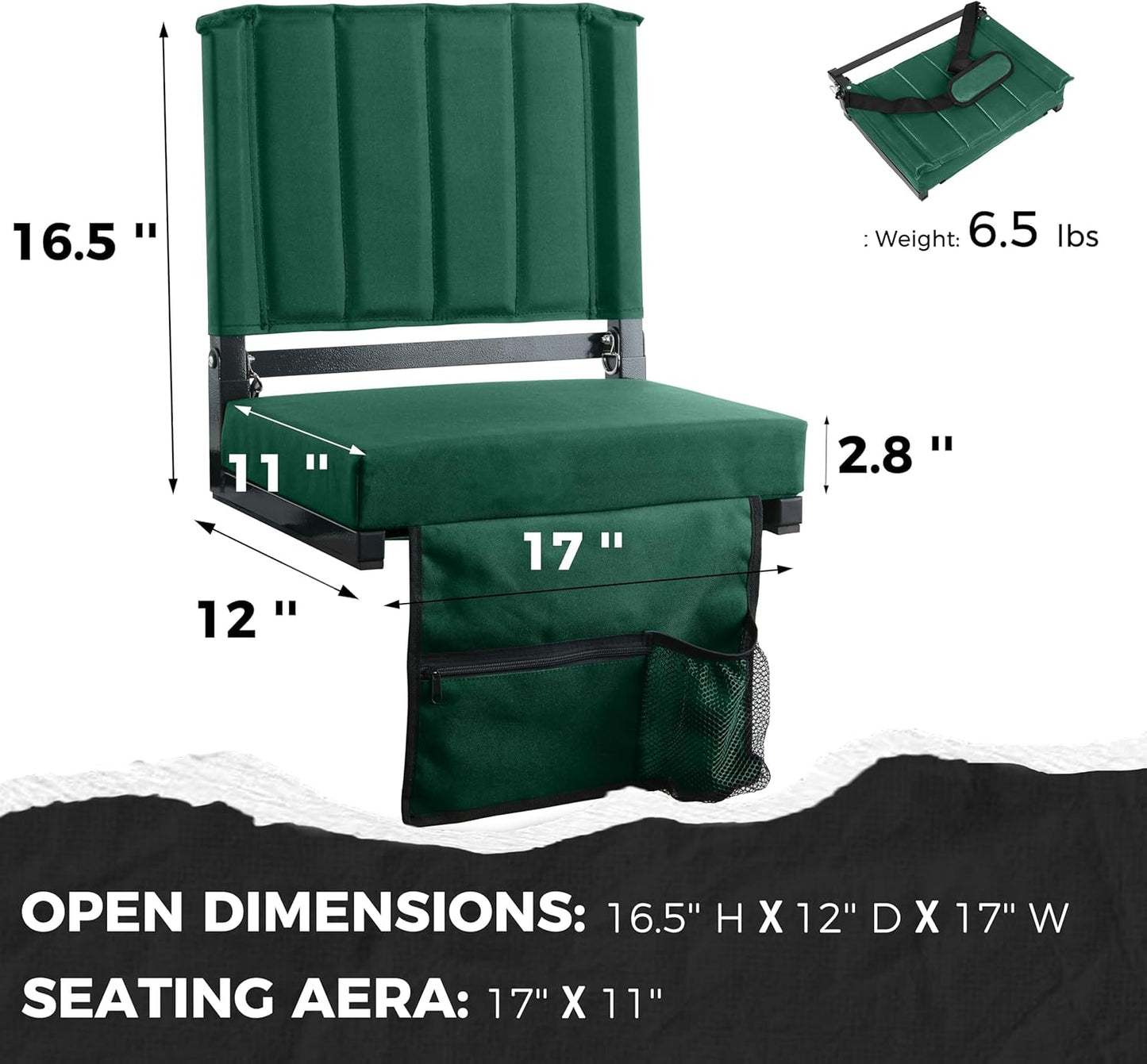 Sport Beats Stadium Seats - Comfortable Bleacher Chairs with Back Support & Cushion | Hunter Green, 1pc Regular - 17" W x 12" D x 16.5" H