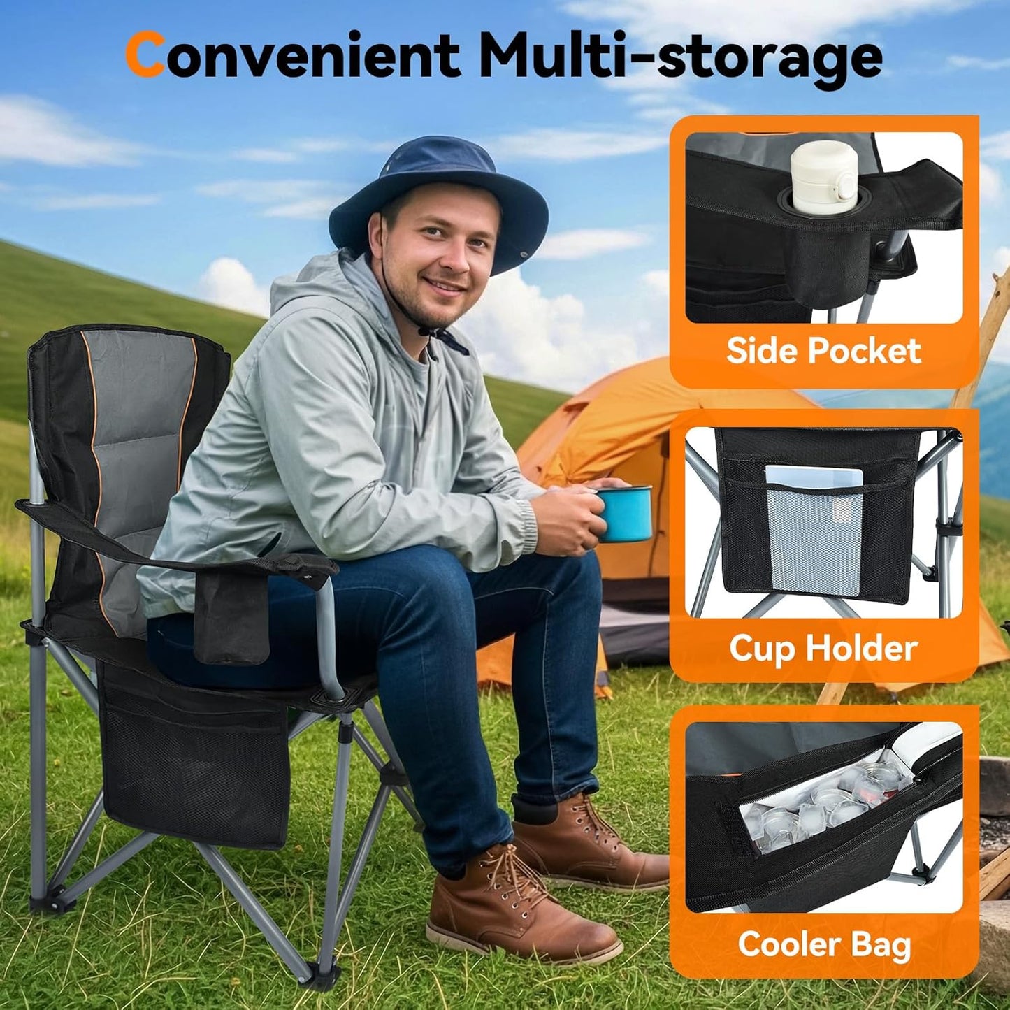 Skiennix Camping Chairs - 2 Pack Oversized Heavy Duty Folding Chairs with Cup Holder & Cooler Bag | Supports 400 LBS