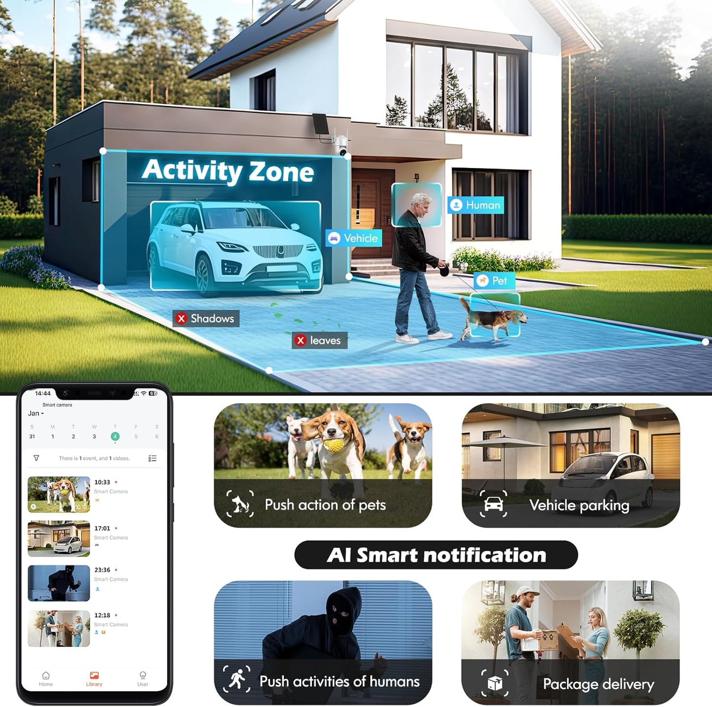 Wireless Solar Security Camera 2K 3MP PTZ - 355° View, Color Night Vision, IP65 Waterproof