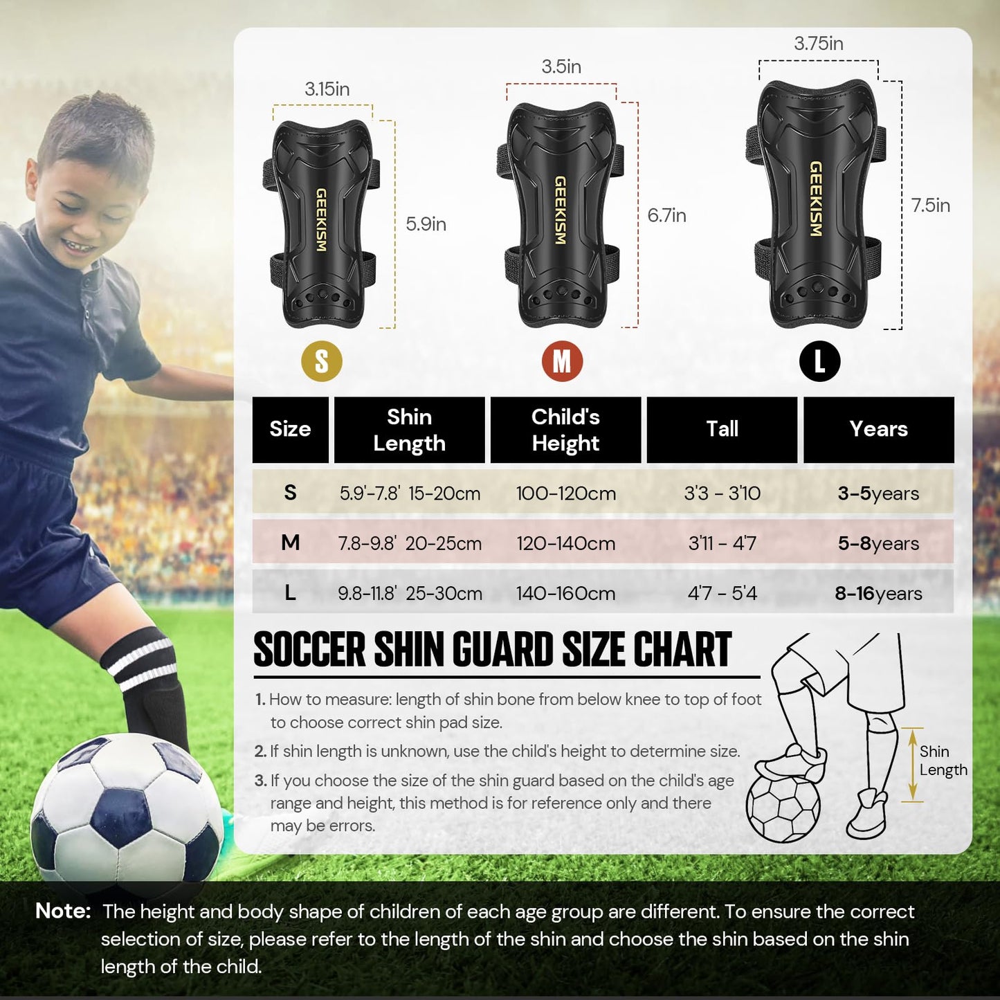 Soccer Shin Guards for Youth Kids Toddler, Upgraded Double Straps & Thicker, More Stable Protected Soccer Equipment - Football Gear for 3-5-7 4-6-8-10-12-14 Years Old Child Teens Boys Girls (Black, L)