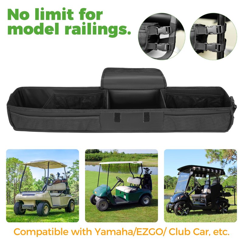 10L0L Universal Golf Cart Basket, No-Drilling Front Inner Dash Organizer for Yamaha, EZGO & Club Car, Heavy-Duty 1680D Oxford Fabric Dash Tray with Reinforced PE Support Frame