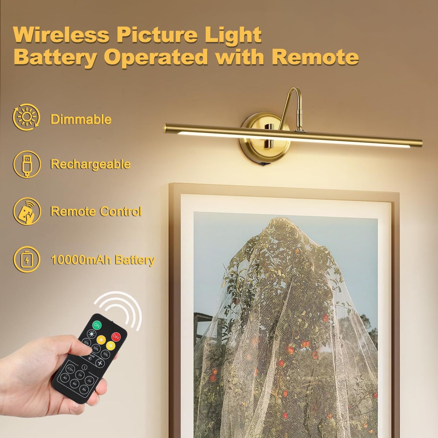 JOOSENLUX Battery Operated Picture Lights Modern Wireless Wall Lights 24.4" Inch Dimmable Under Counter Lights for Kitchen with Swing Arm as Canvas Wall Sconce Light Brass 3000K CRI95+