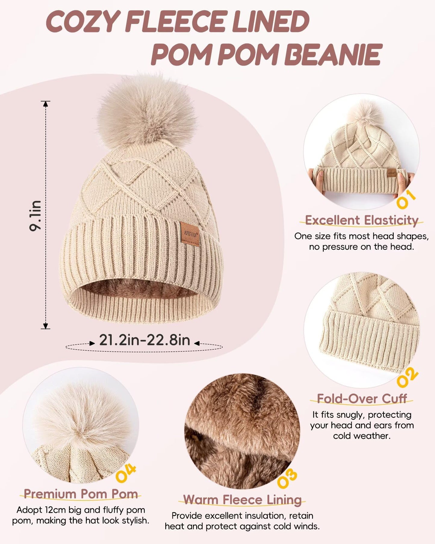 Womens Winter Hat Gloves Scarf Headband Set, Pom Pom Beanie with Fleece Lined Long Knit Neck Scarf Touchscreen Gloves Ear Warmer Headwear, 4 in 1 Warm Christmas Set for Cold Weather(Oatmeal)