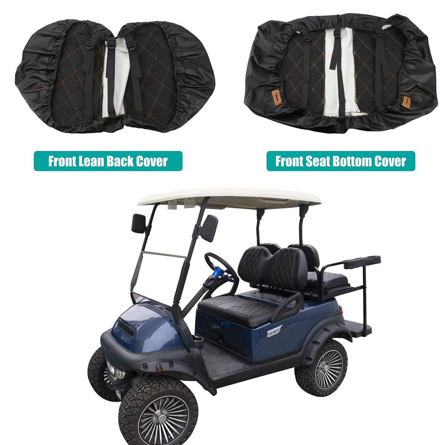 NOKINS Golf Cart Diamond Seat Covers Kit, Fit for Club Car Precedent OEM Standard Front Seat Cushion, Golf Cart Vinyl Seat Cover, No Nails Required (Black and Brown Stitching)