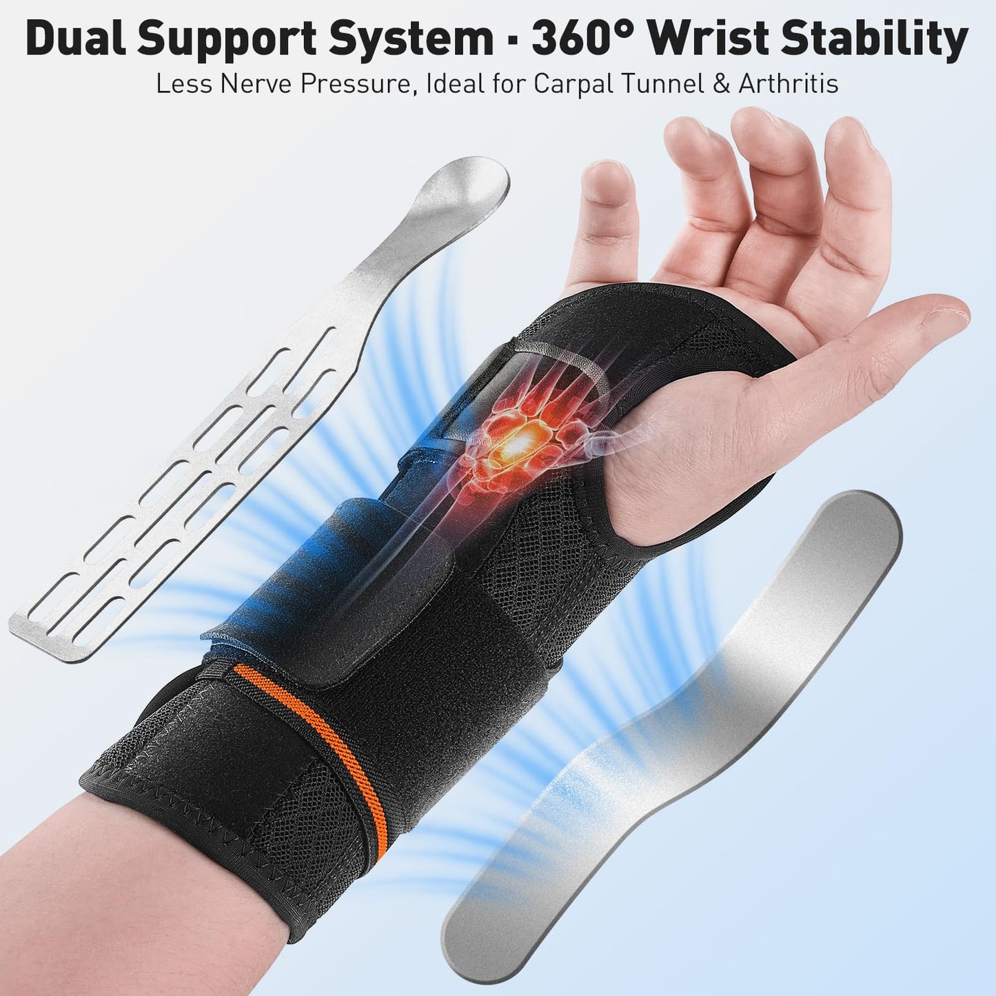 Kneopms Carpal Tunnel Wrist Brace Night Support Fit Right Hand for Work, Pain Relief Wrist Splint for Tendonitis, Sprain, Strain, Rigid Hand Brace for Arthritis for Women and Men(Black, M, Right) (Black, M, Left Hand)