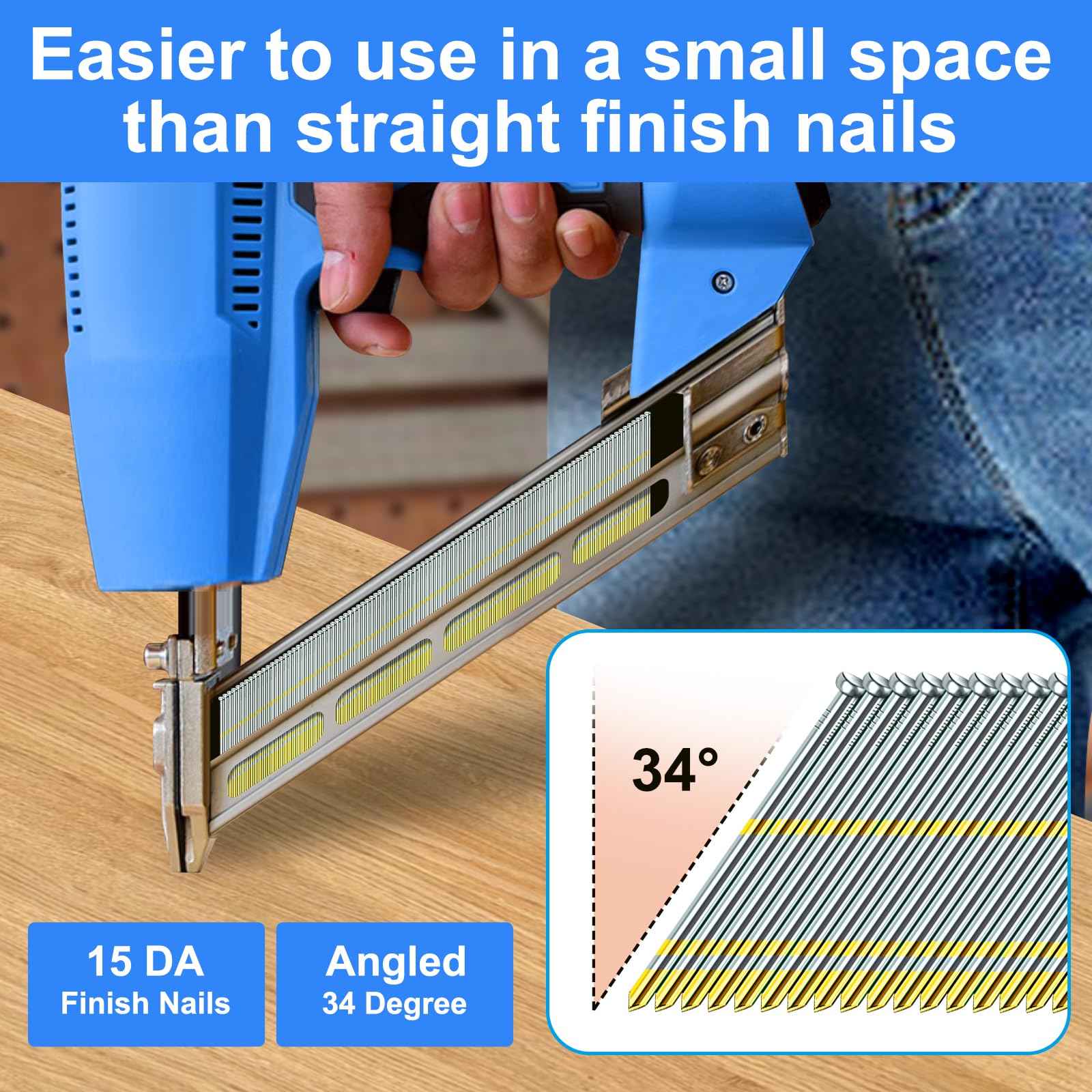 SimCos 15 Gauge 34-Degree DA Series Angled Finish Nails, (1-1/4", 1-1/2", 2", 2-1/2"), Galvanized Assorted Size Project Pack for Pneumatic, Electric Angled Finish Nailer or Nail Gun (Assembly 1200)