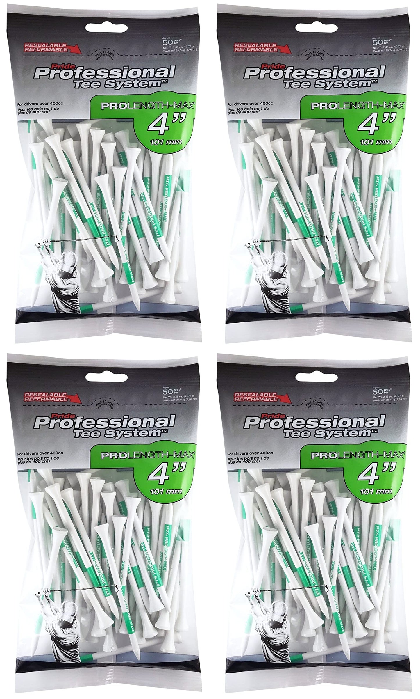 PRIDE PROFESSIONAL TEE SYSTEM PROLENGTH MAX 4" WHITE GOLF TEES - 4 BAGS