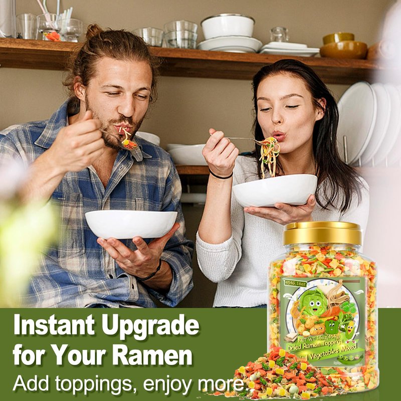 9-Veggie Toppings for Ramen, 16oz All Natural Vegetable Instant Ramen Toppings, Dehydrated Veggies for Noodles, Soups, Camping, and Emergency Food, No Additives, 1 LB Canister