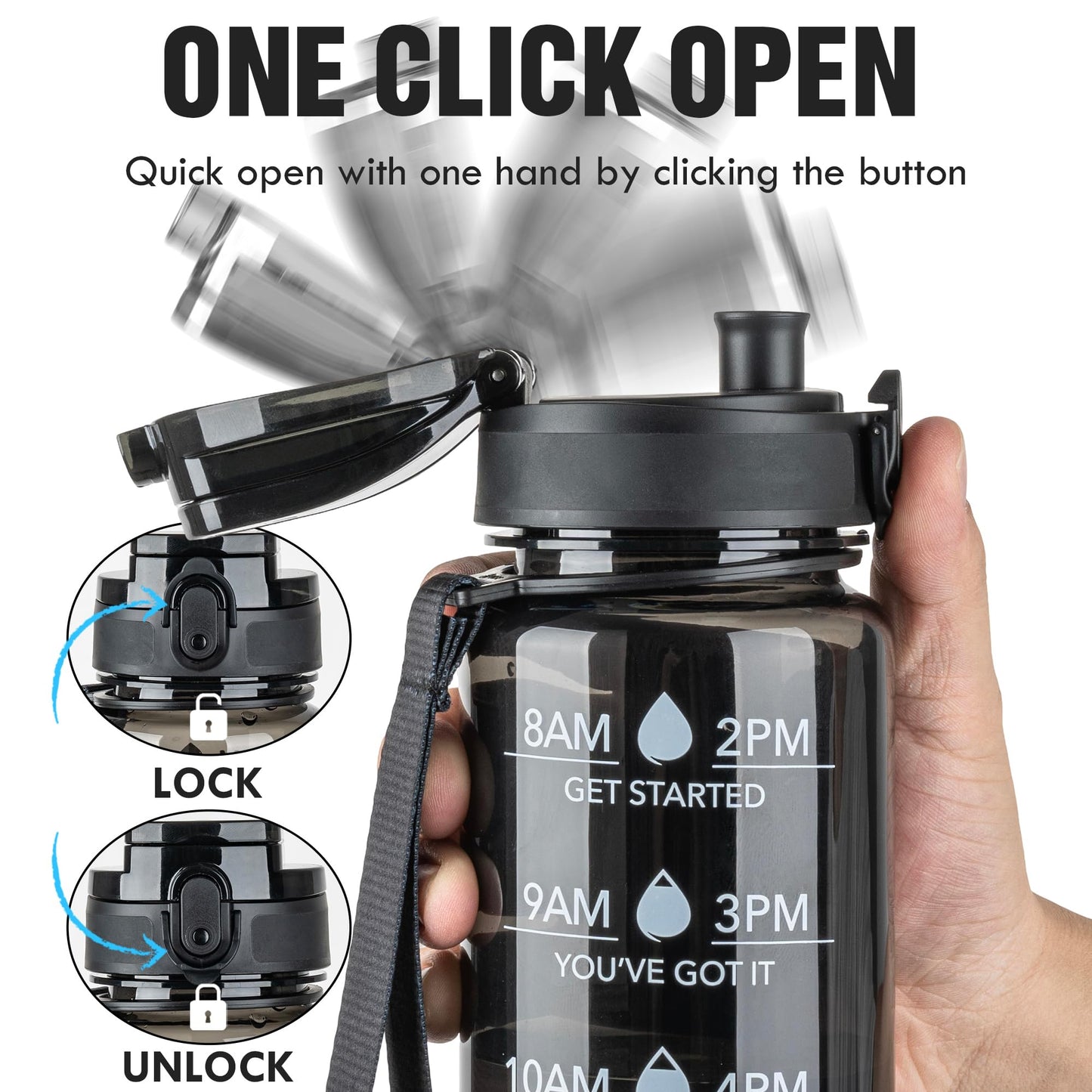 OLDLEY Water Bottle 32oz, Durable and Leakproof Water Bottles Motivational with Time Marker, Tritan, BPA Free, Wide Mouth, Gym, Travel, Home, School, Office, Clear Black