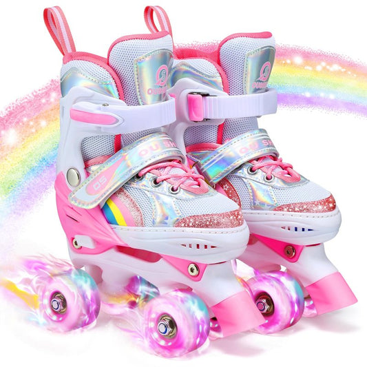 Kids Roller Skates for Girls and Boys, 4 Size Adjustable Rainbow Girls Skates with Light Up Wheels, Toddler Skates for Boys, Beginner Kids Roller Skates Indoor Outdoor