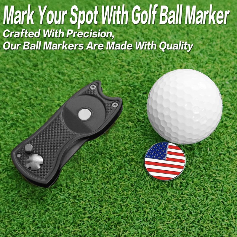 FINGER TEN Golf Divot Repair Tool and Ball Marker Switchblade Value Pack, Foldable Magnetic Stainless Steel with Pop-up Button for Men Women (2 in Black+2 Ball Marker)