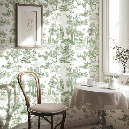 WENMER Toile Wallpaper, 17.7" X 118" Green and White Peel and Stick Wall Paper, Toile de Jouy Wallpaper, French Vintage Contact Paper for Bedroom, Walls, Backdrop, Cabinet, Home Decor