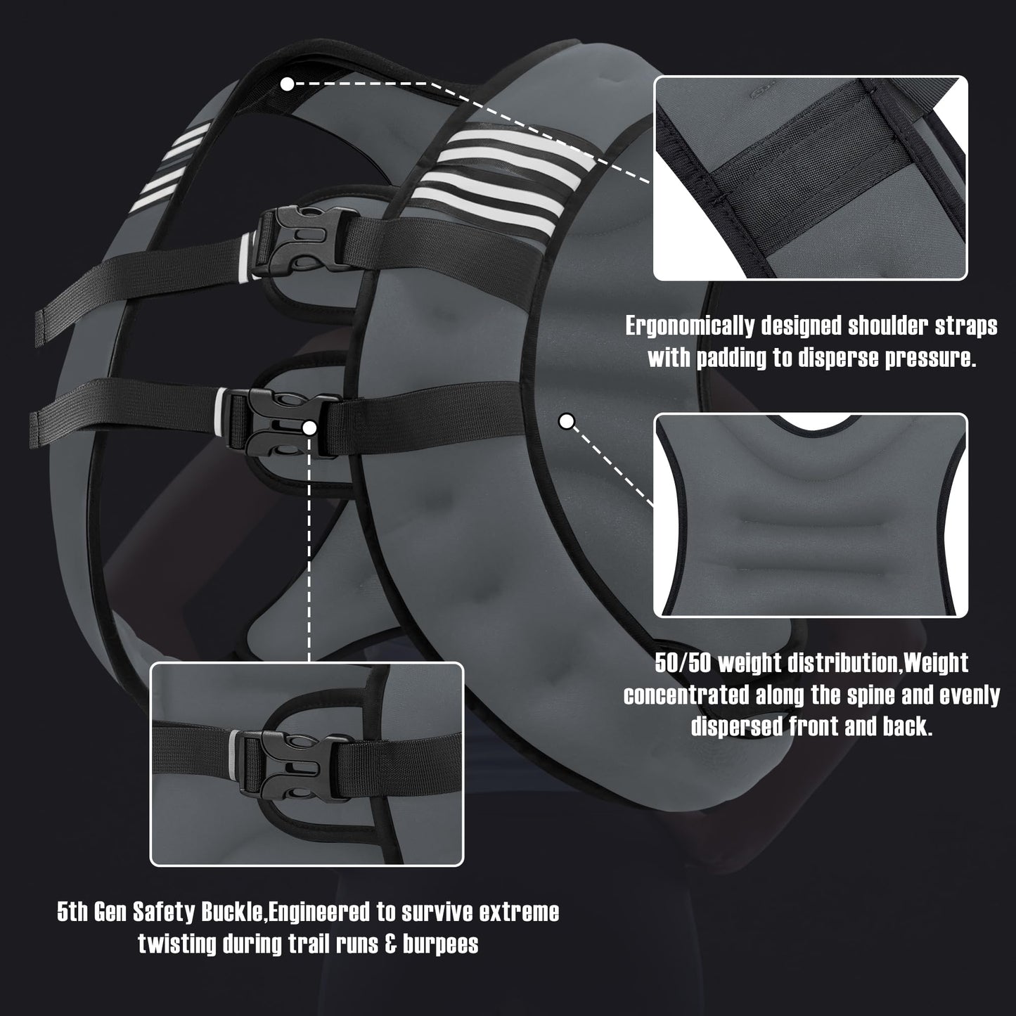 NATURELUX Weighted Vest with Reflective Stripe and Adjustable Buckle Straps, Dark Grey, 20 lbs