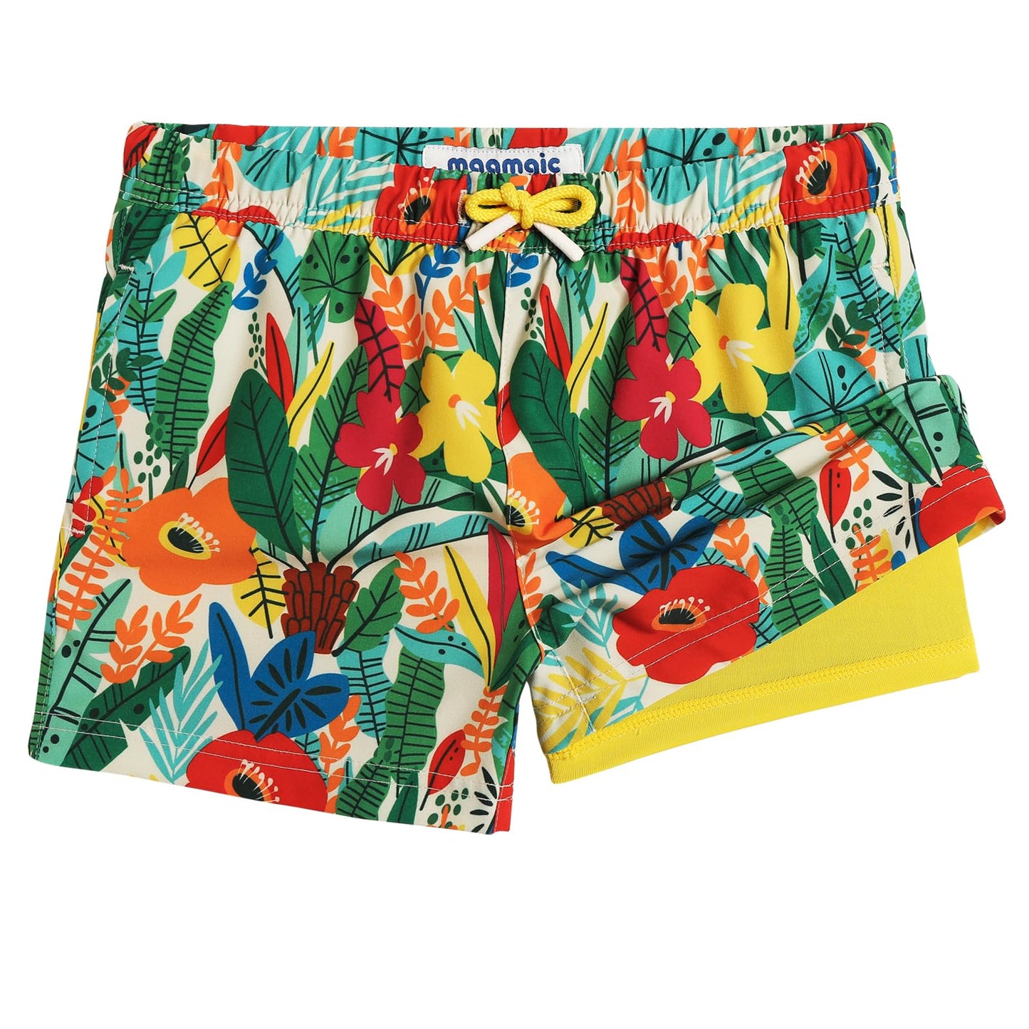 maamgic Boys Swim Trunks with Compression Liner Toddler Stretch Swim Shorts Quick Dry Swimming Trunks Boxer Brief 2 in 1 Beach Shorts Flower Garden 5/6