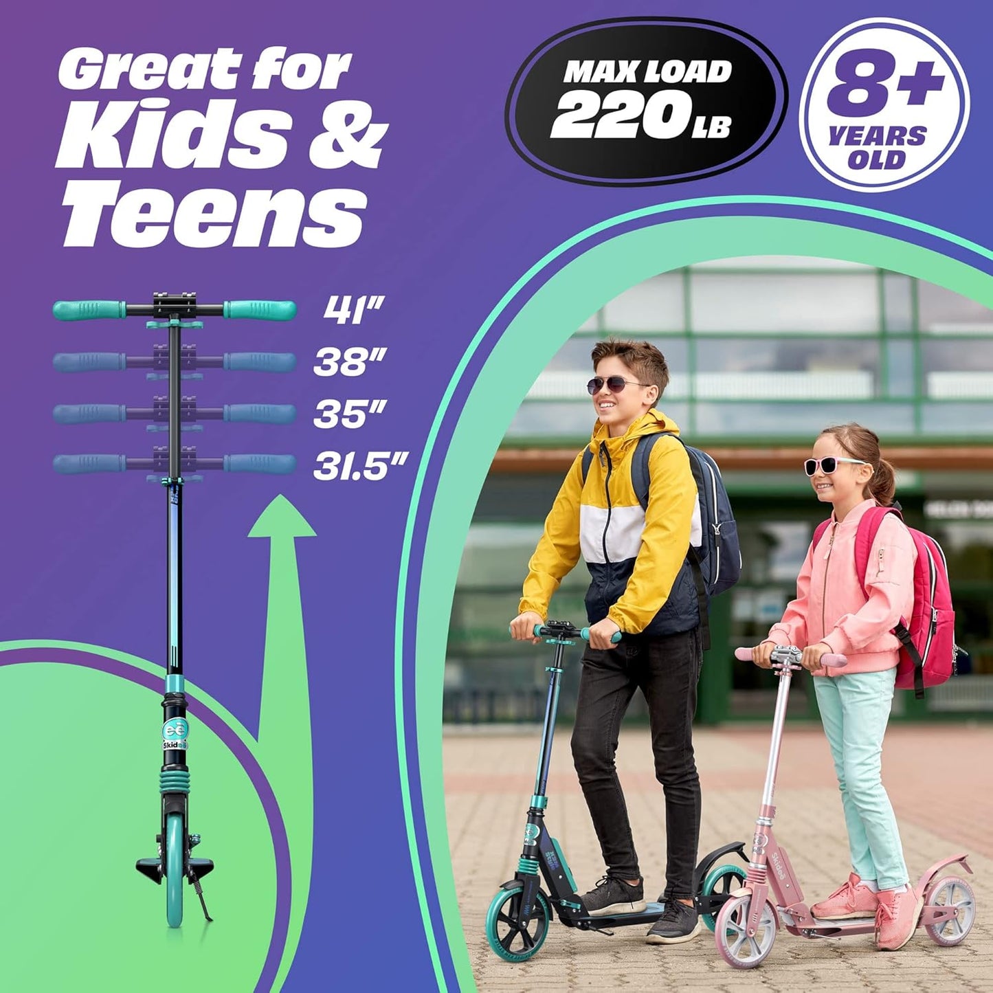 Skidee Adult & Teen Scooter - Adjustable Height, Lightweight & Durable Design | Large Wheels, Anti-Shock Suspension, 220 lbs Capacity