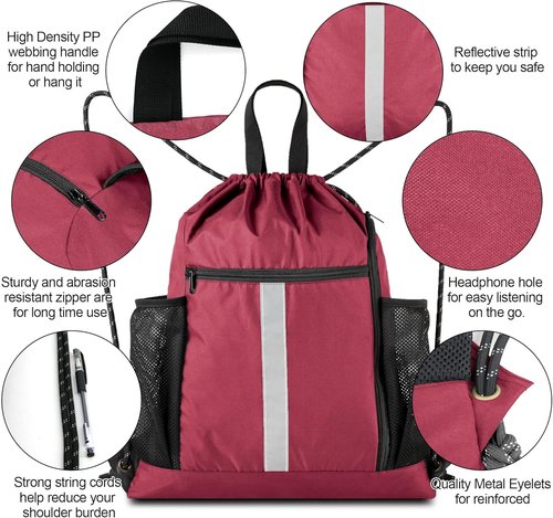 BeeGreen Gym Sack - Heavy Duty Drawstring Bag with Shoe Compartment & 2 Water Bottle Holders | Unisex