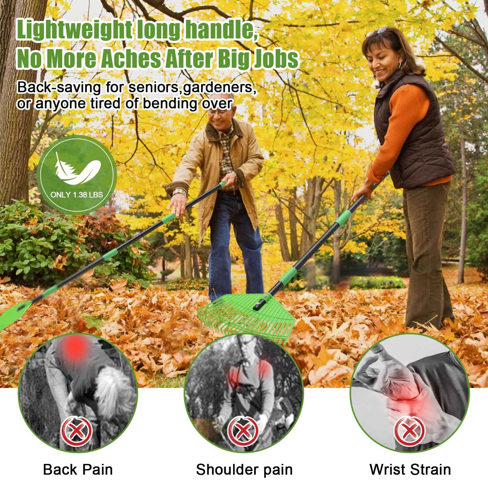 Poly Garden Rake for Leaves - 16.5'' Plastic Leaf Rake for Yard Lawn, 75'' Adjustable Outdoor Heavy Duty Rakes for Sweep Leaves,Grass, Pine Needle,Lightweight Long Handle for Women Seniors Kids