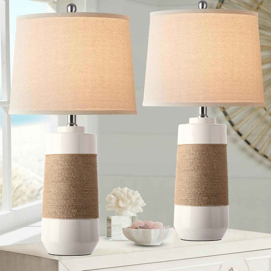 Set of 2 White Boho Ceramic Coastal Lamps with Rope - Nautical Bedside & Living Room Lighting