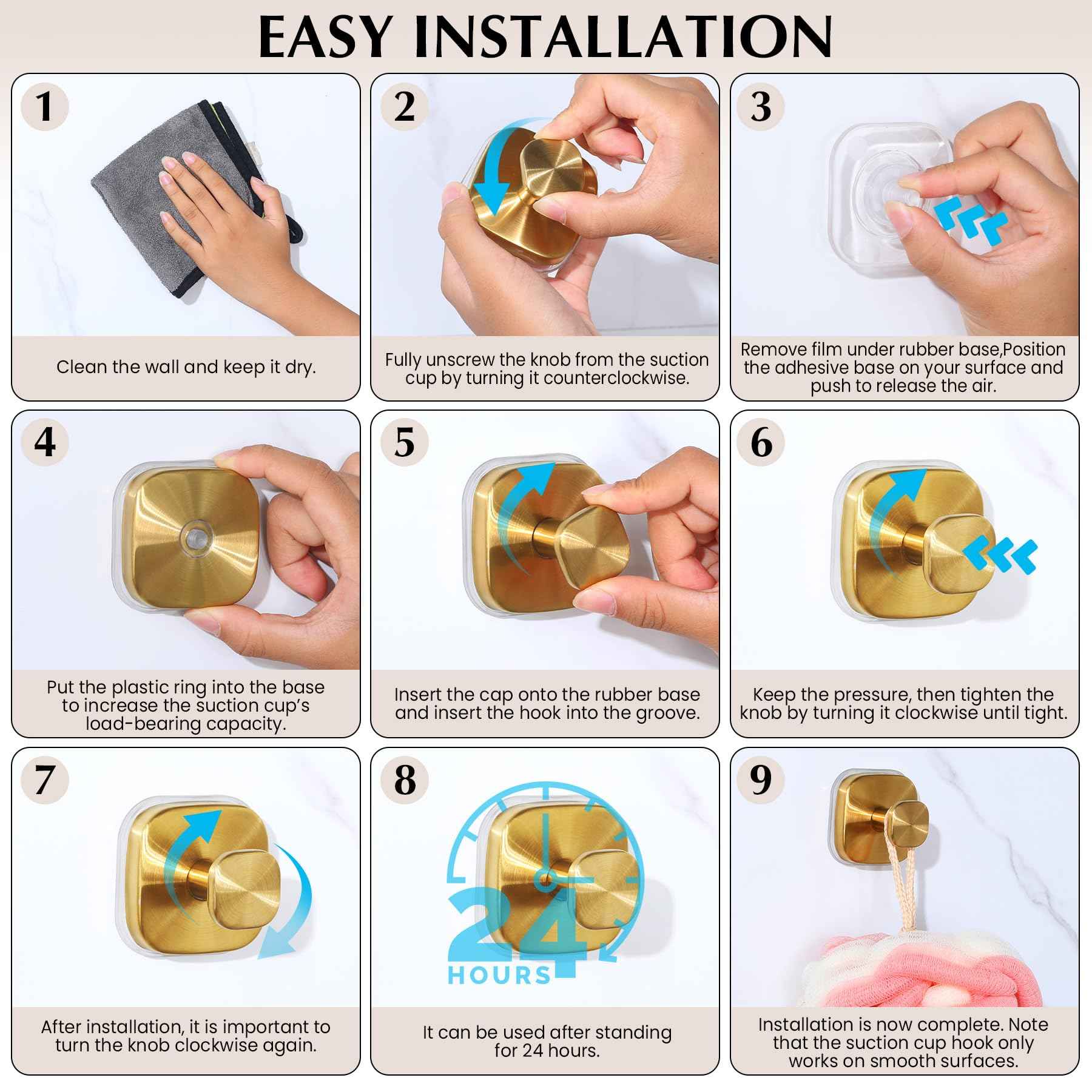 warlve Suction Cup Hooks for Shower - Reusable No-Drill Mounting - Hooks for Towels, Robes & Loofah on Metal, Glass, Mirrors, Tile & Smooth Non-Porous Surfaces (2, Brushed Gold)