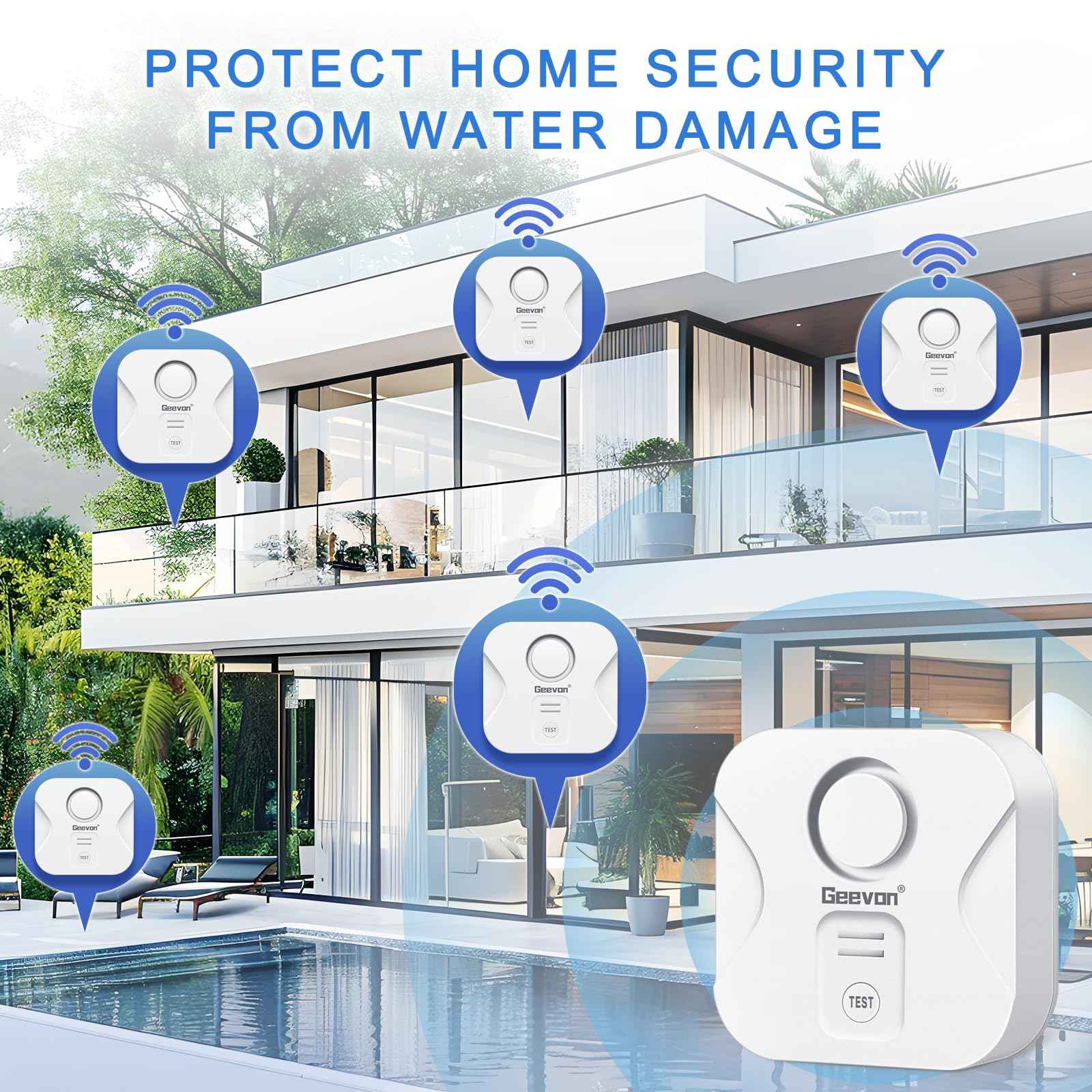Geevon 4 Pack Water Leak Detectors for Home, 100dB Loud Water Alarm Sensor Leak Detection with Drip Alert for Basements, Laundry Rooms, Kitchen, IP56 Waterproof(Battery Included)