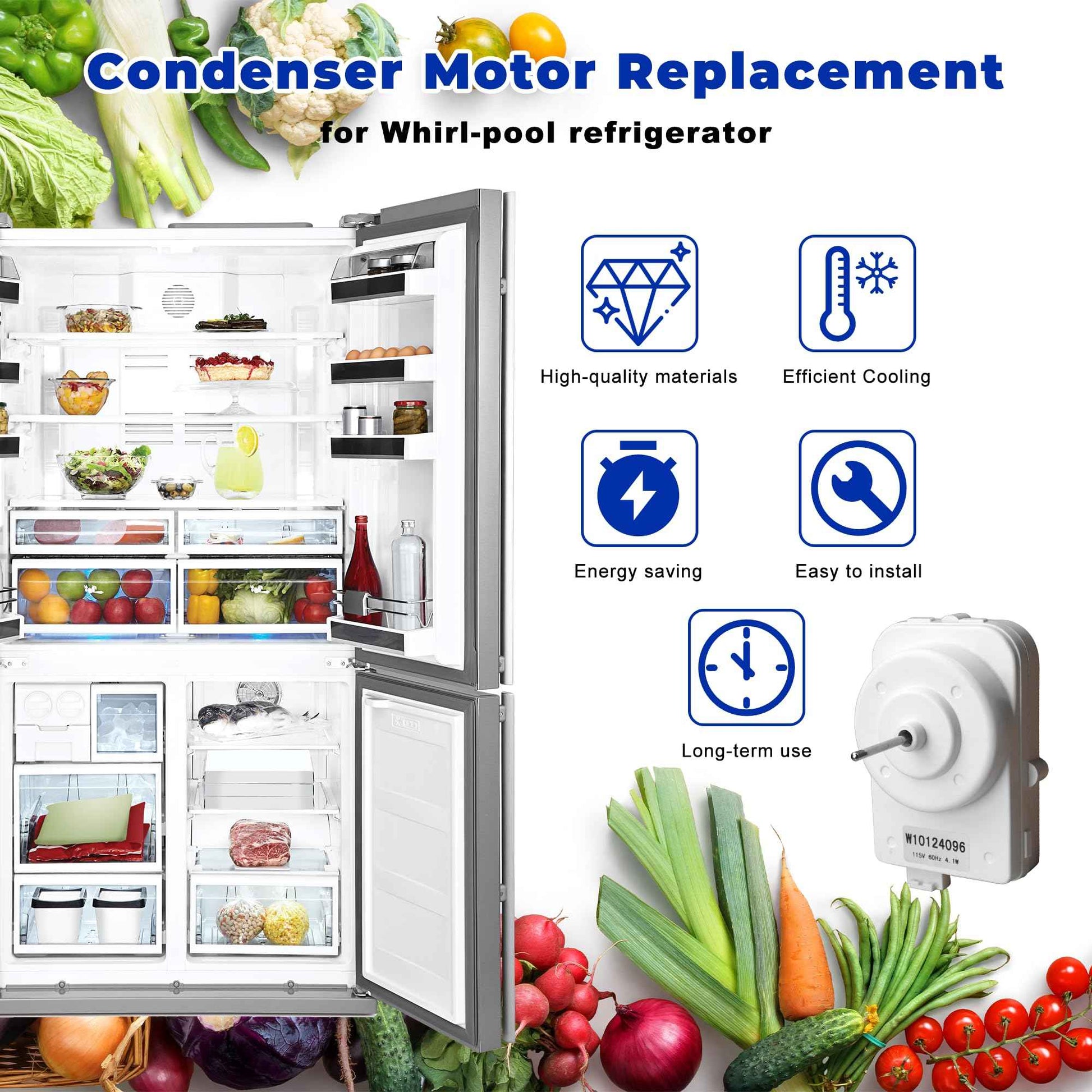 W10124096 W10130108 W10204250 Refrigerator Condenser Fan Motor Kit - Compatible with Whirlpool, KitchenAid & Kenmore, with Motor, Blade, Harness & Hardware,Replace 2188727 2188538