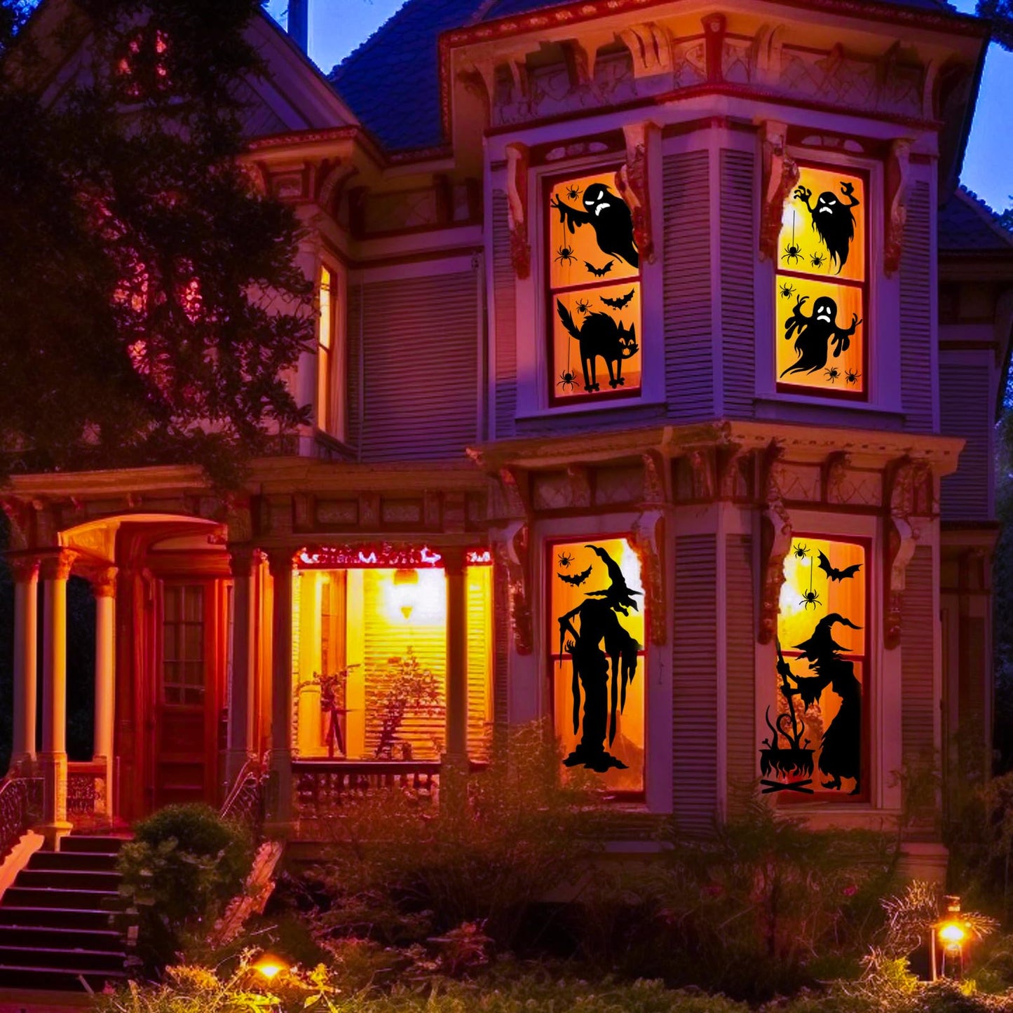 Cholemy Halloween Wall Decals - 4 Sheets, 35.4 x 11.8 Inch Large Witch Spider Bat Pumpkin Stickers, Removable Clings for Home Party Decor Supplies