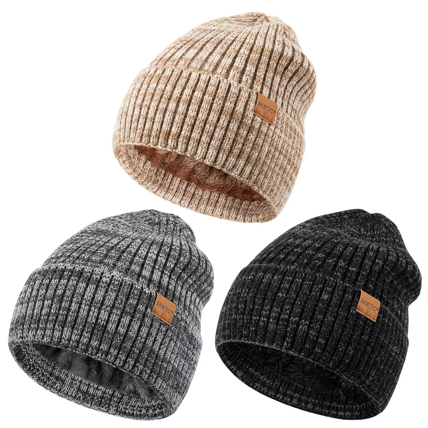 MSDC 3 Pack Winter Hats for Men, Warm Fleece Lined Beanie for Men Women, Soft Thermal Cable Knit Hat Fashionable Cuffed Skull Cap for Cold Weather-01