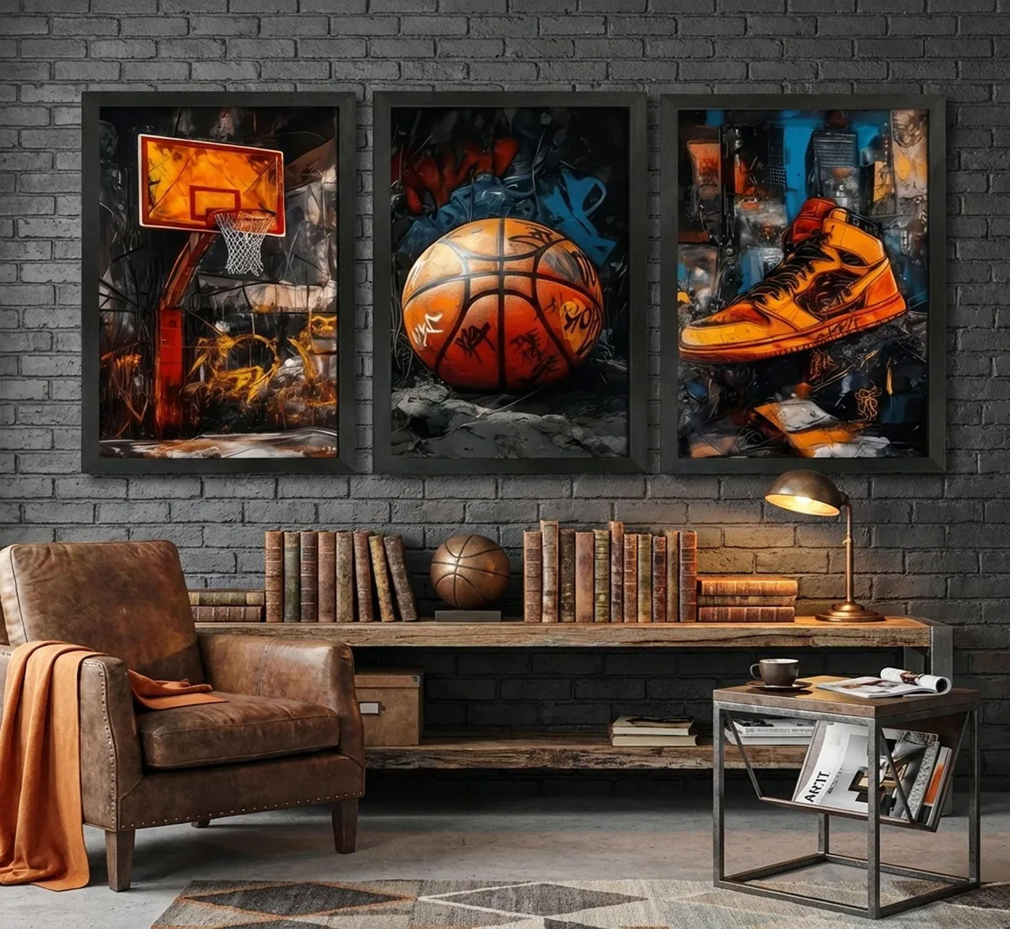 3Pcs Black Solid Wood Frame Graffiti Basketball Canvas Wall Art 12x16in
