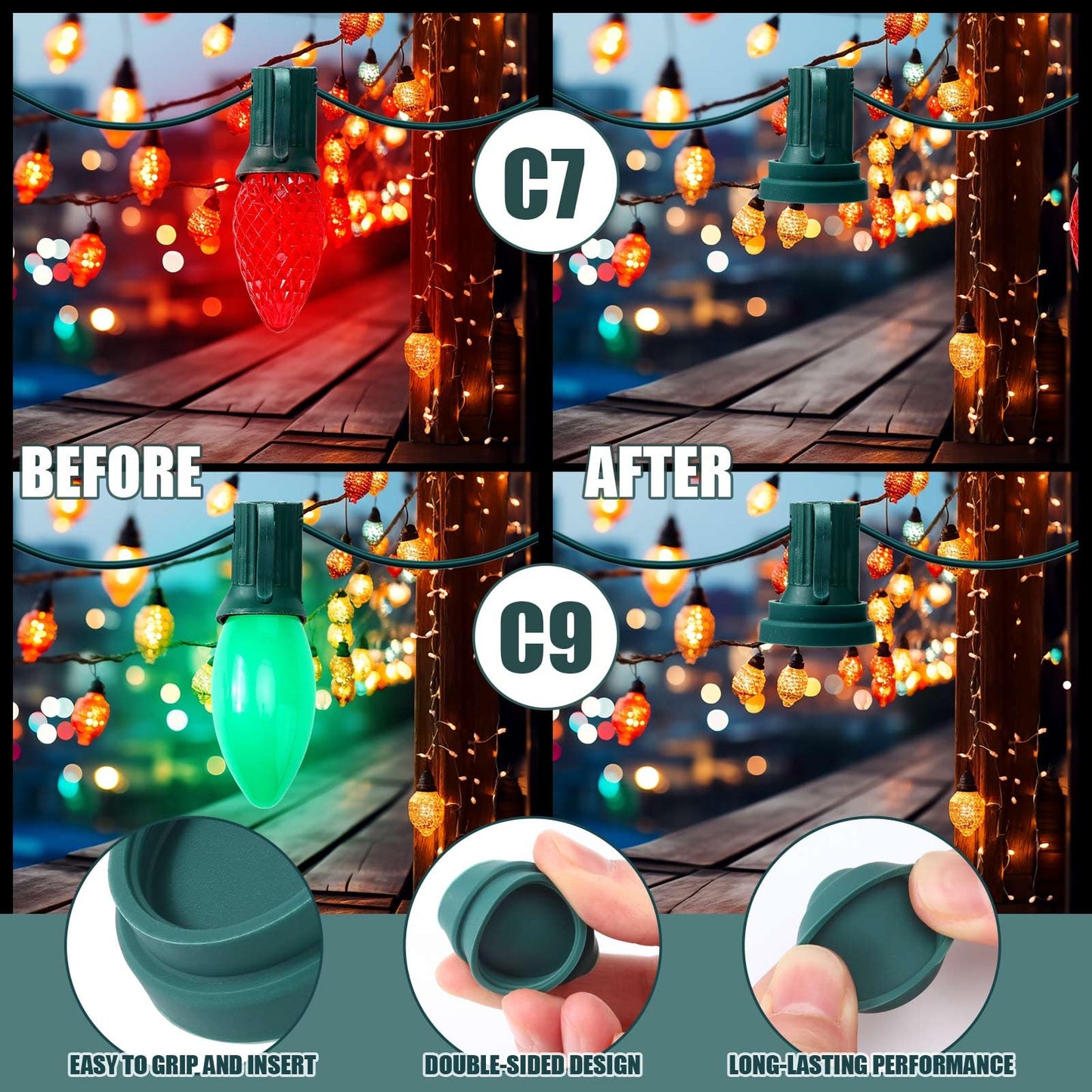 Threlaco 50 Pcs Christmas Light Socket Cap Safety Plugs for C9 and C7 Bulbs Double Sided Stringers Light Socket Cap Covers Bulb Plugs Cover for Holiday Xmas Winter Covering Unused Outdoor Lamp (Green)