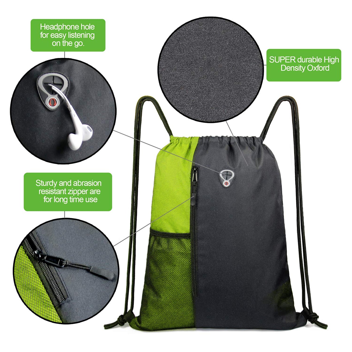 BeeGreen Lime Gym Bag Drawstring Backpack for Women Sports Backpack Workout Bag With 2 Water Bottle Mesh Pockets And Two Zipper Pockets