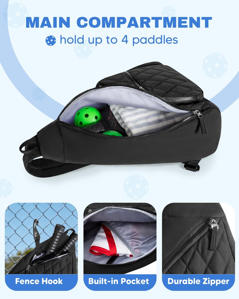 Trahzia Pickleball Sling Bag for Women and Men, Pickle Ball Paddle Backpack with Fence Hook for Racquetball, Badminton Rackets, Black