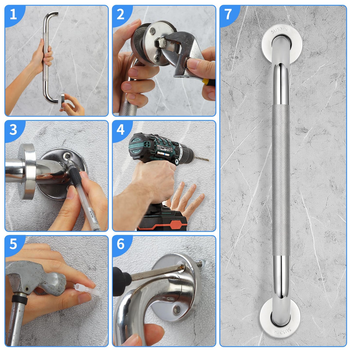 2 PCS Shower Grab Bars for Seniors, 16 Inch Anti Slip Shower Handle, Stainless Steel Bathroom Balance Bar, Safety Hand Rail Support, Assist Bath Handrails for Handicap, Elderly, Pregnant