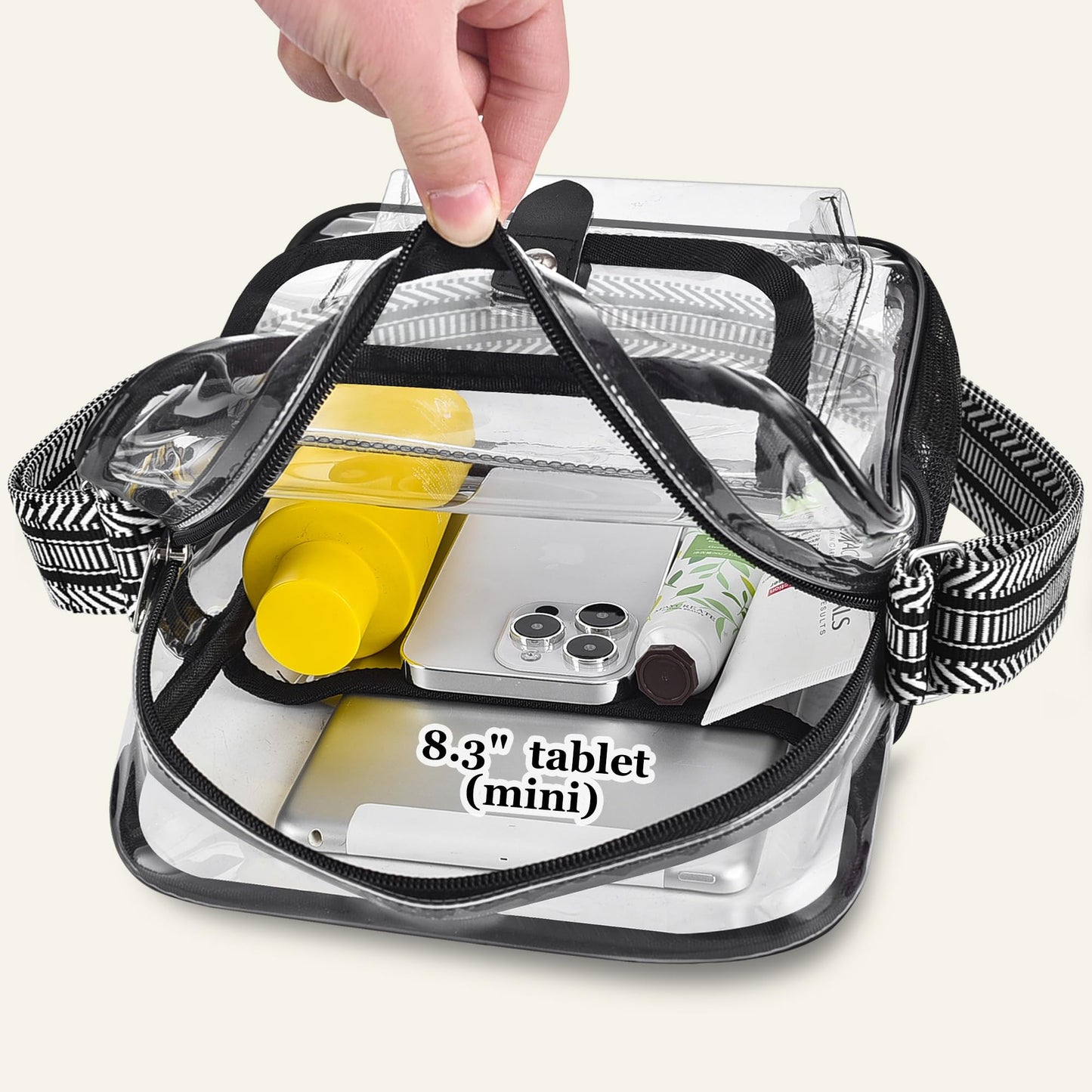 SPODEARS Black Clear Crossbody Bag with Guitar Strap for Stadium, Concert, Festival & More - Adjustable Shoulder Strap & Bottle Holder, Medium